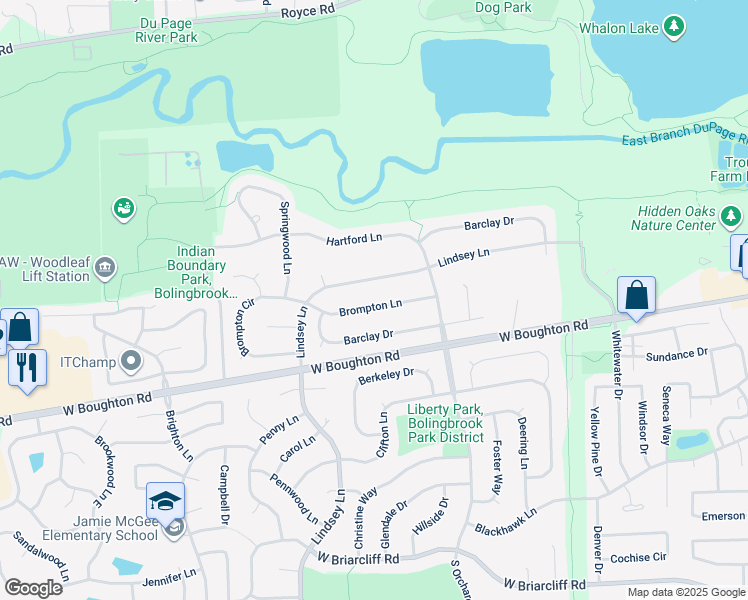 map of restaurants, bars, coffee shops, grocery stores, and more near 796 Brompton Lane in Bolingbrook