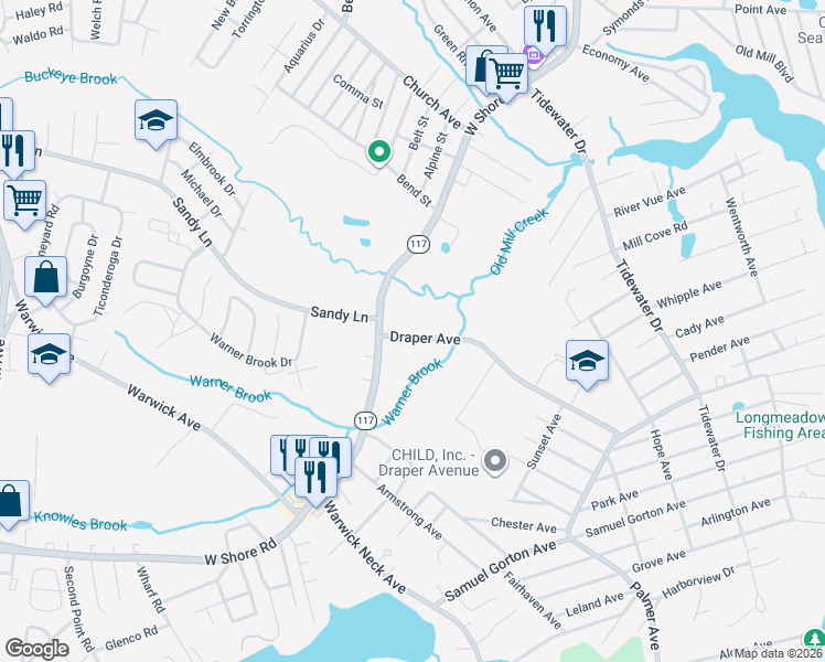 map of restaurants, bars, coffee shops, grocery stores, and more near 249B Draper Avenue in Warwick