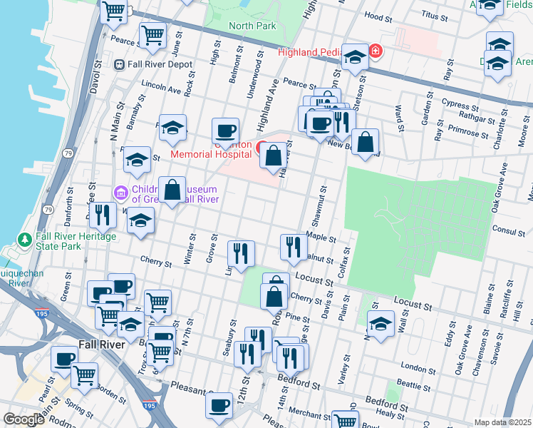 map of restaurants, bars, coffee shops, grocery stores, and more near 188 Hanover Street in Fall River