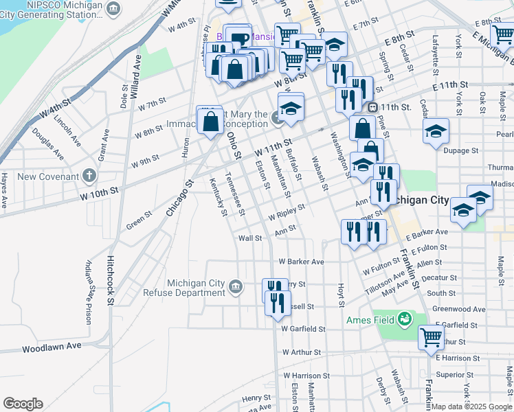 map of restaurants, bars, coffee shops, grocery stores, and more near 698 West William Street in Michigan City
