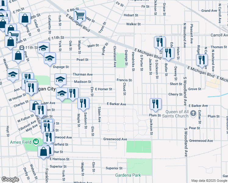 map of restaurants, bars, coffee shops, grocery stores, and more near 700 Cleveland Ave in Michigan City