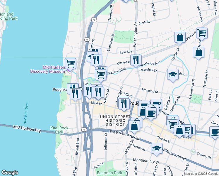 map of restaurants, bars, coffee shops, grocery stores, and more near 168 Mill Street in Poughkeepsie
