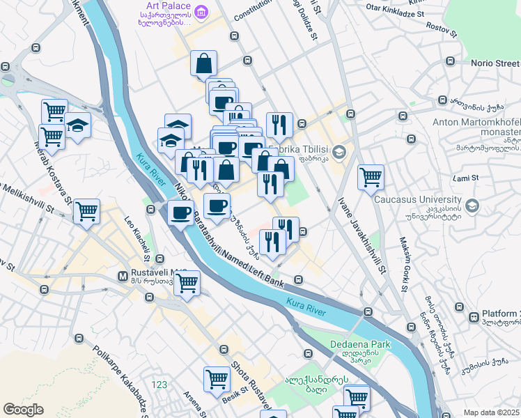 map of restaurants, bars, coffee shops, grocery stores, and more near 4 Dodo Abashidze Street in Tbilisi