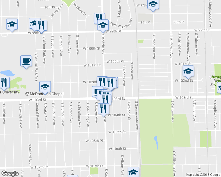 map of restaurants, bars, coffee shops, grocery stores, and more near 3149 West 102nd Street in Evergreen Park