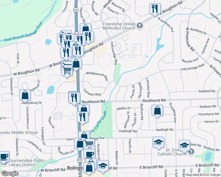 map of restaurants, bars, coffee shops, grocery stores, and more near 213 Falconridge Way in Bolingbrook