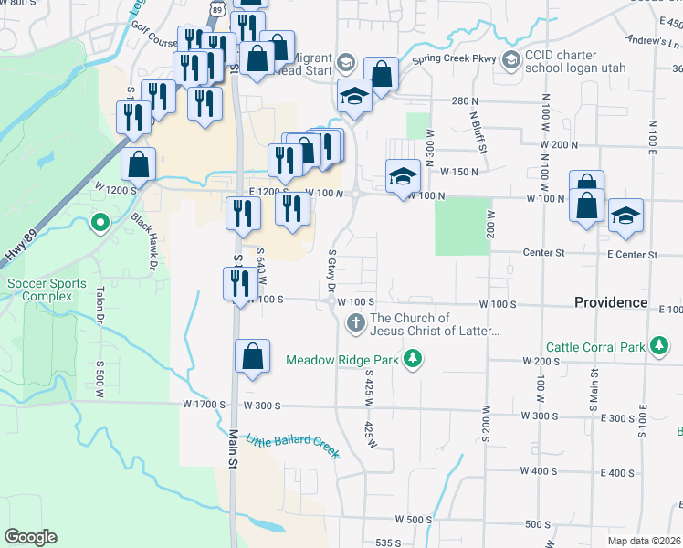 map of restaurants, bars, coffee shops, grocery stores, and more near 448 West 85 South in Providence