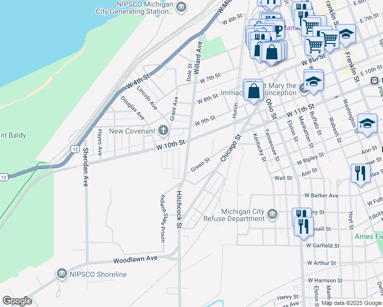 map of restaurants, bars, coffee shops, grocery stores, and more near 620 Willard Avenue in Michigan City