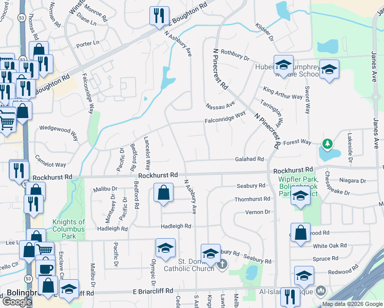 map of restaurants, bars, coffee shops, grocery stores, and more near 317 Shield Court in Bolingbrook