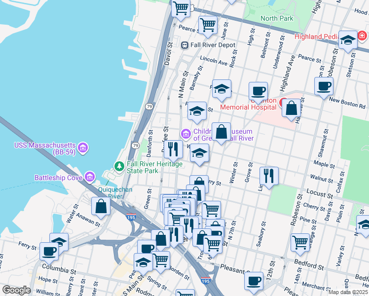 map of restaurants, bars, coffee shops, grocery stores, and more near 399 North Main Street in Fall River