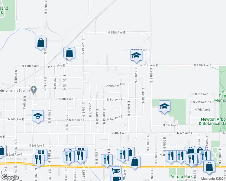 map of restaurants, bars, coffee shops, grocery stores, and more near 1420 North 8th Avenue Place East in Newton