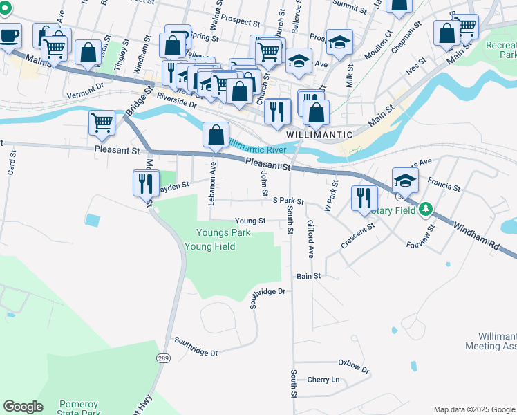 map of restaurants, bars, coffee shops, grocery stores, and more near 90 South Park Street in Windham