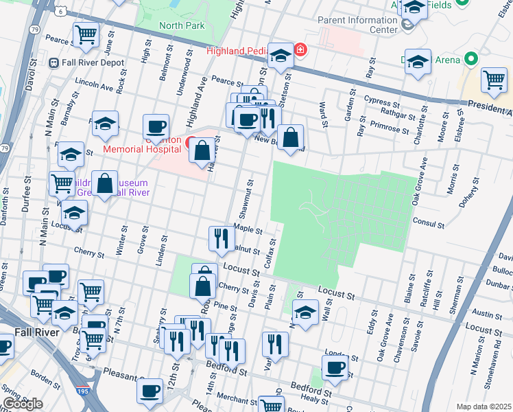 map of restaurants, bars, coffee shops, grocery stores, and more near 85 Shawmut Street in Fall River