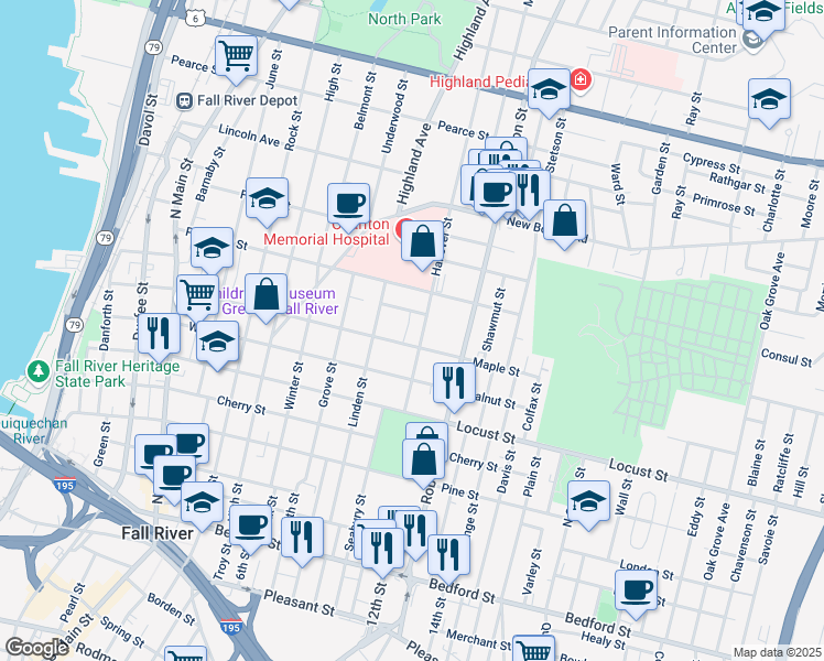 map of restaurants, bars, coffee shops, grocery stores, and more near 188 Hanover Street in Fall River