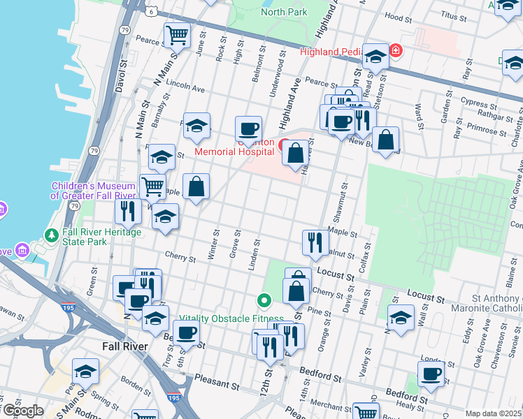 map of restaurants, bars, coffee shops, grocery stores, and more near 435 Linden Street in Fall River