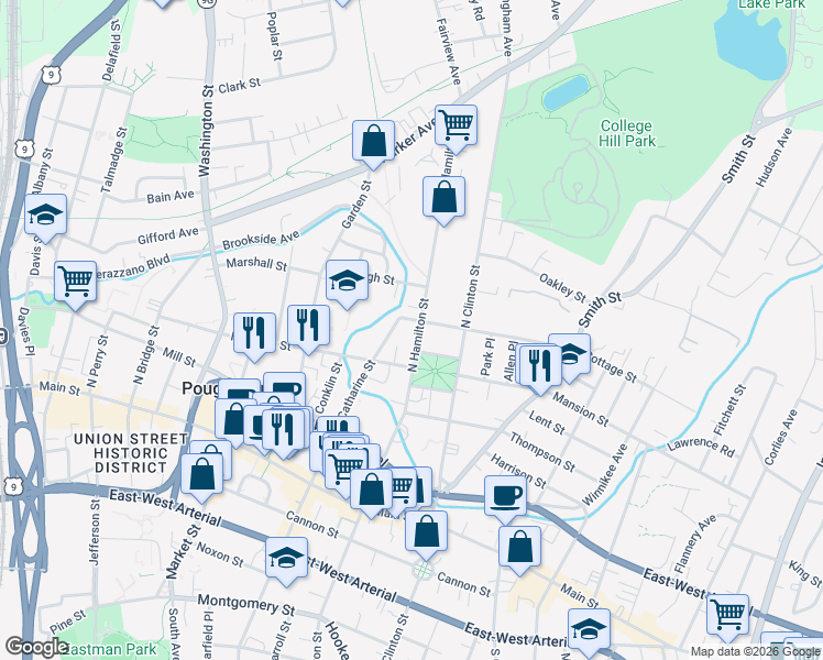 map of restaurants, bars, coffee shops, grocery stores, and more near 82 North Hamilton Street in Poughkeepsie