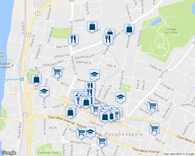 map of restaurants, bars, coffee shops, grocery stores, and more near 92 Garden Street in Poughkeepsie