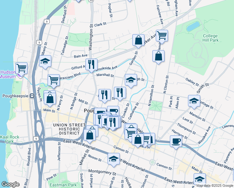 map of restaurants, bars, coffee shops, grocery stores, and more near 92 Garden Street in Poughkeepsie