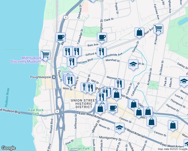 map of restaurants, bars, coffee shops, grocery stores, and more near 20 Mansion Street in Poughkeepsie