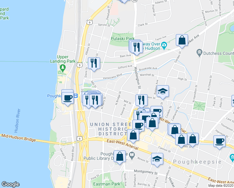 map of restaurants, bars, coffee shops, grocery stores, and more near 4 Charles Street in Poughkeepsie