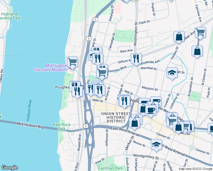 map of restaurants, bars, coffee shops, grocery stores, and more near 167 Mill Street in Poughkeepsie
