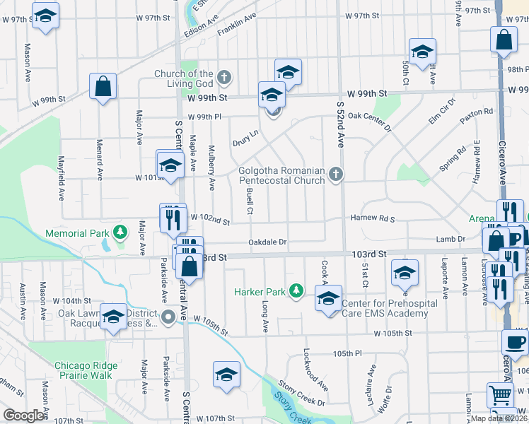 map of restaurants, bars, coffee shops, grocery stores, and more near 10137 Alice Court in Oak Lawn