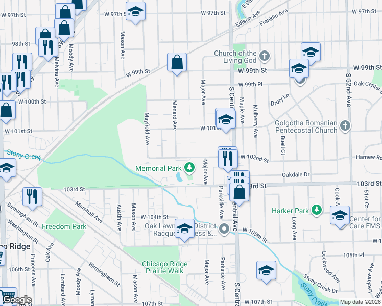 map of restaurants, bars, coffee shops, grocery stores, and more near 5721 West 101st Place in Oak Lawn