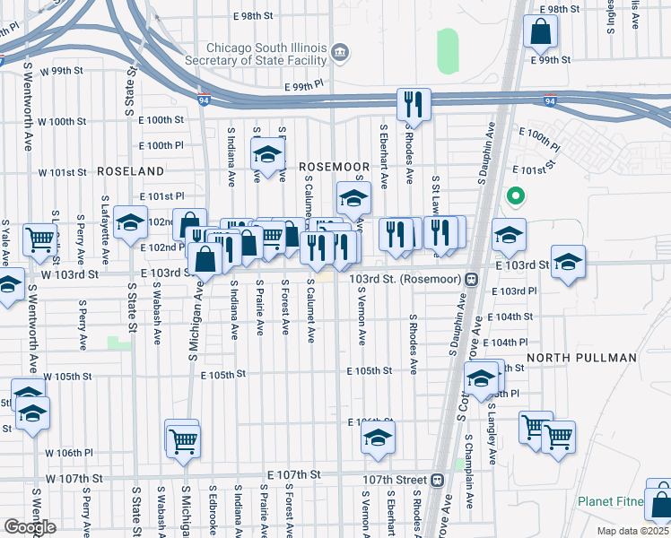 map of restaurants, bars, coffee shops, grocery stores, and more near S King Dr & E 103rd St in Chicago