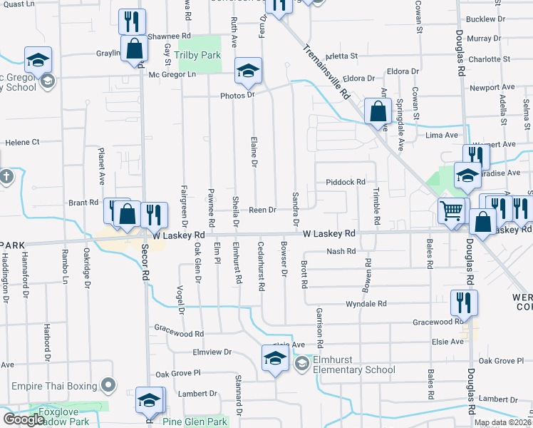 map of restaurants, bars, coffee shops, grocery stores, and more near 3001 Reen Drive in Toledo