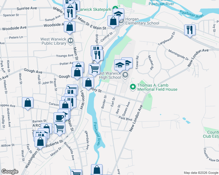 map of restaurants, bars, coffee shops, grocery stores, and more near 8 Border Street in West Warwick