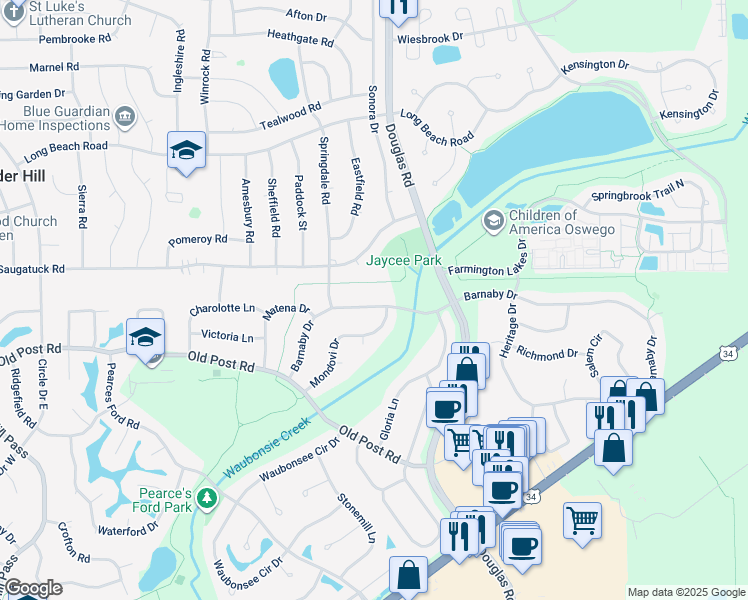 map of restaurants, bars, coffee shops, grocery stores, and more near 335 Barnaby Drive in Oswego