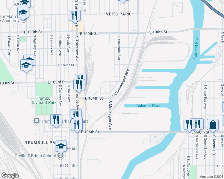 map of restaurants, bars, coffee shops, grocery stores, and more near 10325 South Muskegon Avenue in Chicago