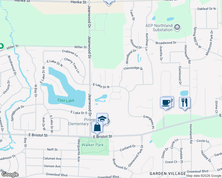 map of restaurants, bars, coffee shops, grocery stores, and more near 1711 Woodfield Court in Elkhart
