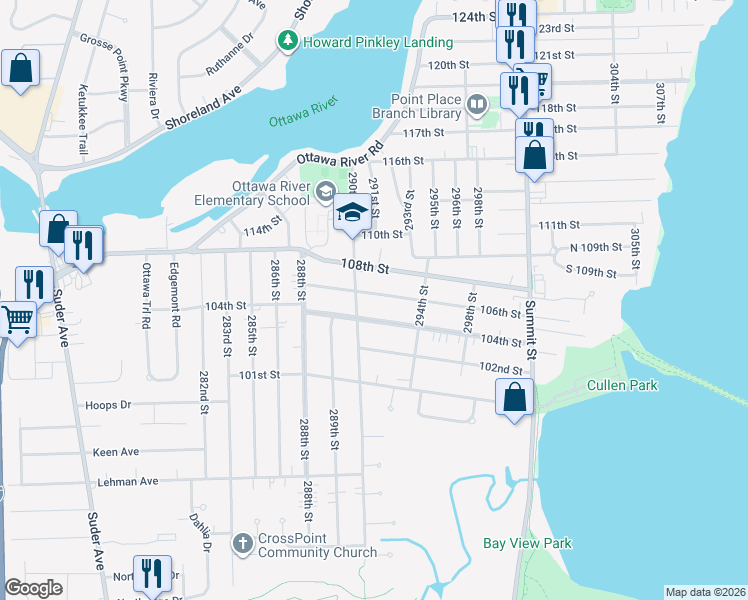 map of restaurants, bars, coffee shops, grocery stores, and more near 2518 106th Street in Toledo