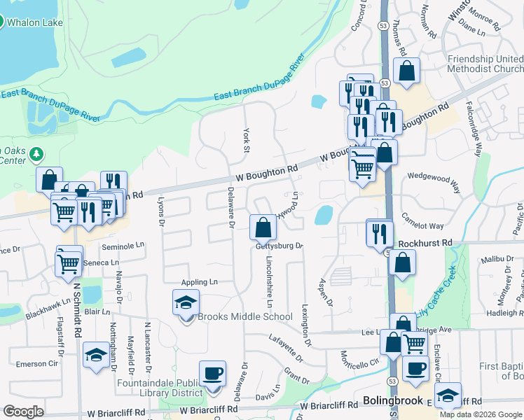 map of restaurants, bars, coffee shops, grocery stores, and more near 337 Kirkwood Circle in Bolingbrook