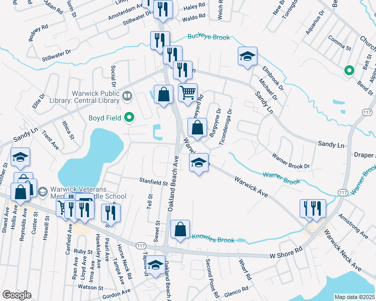 map of restaurants, bars, coffee shops, grocery stores, and more near 2525 Warwick Avenue in Warwick