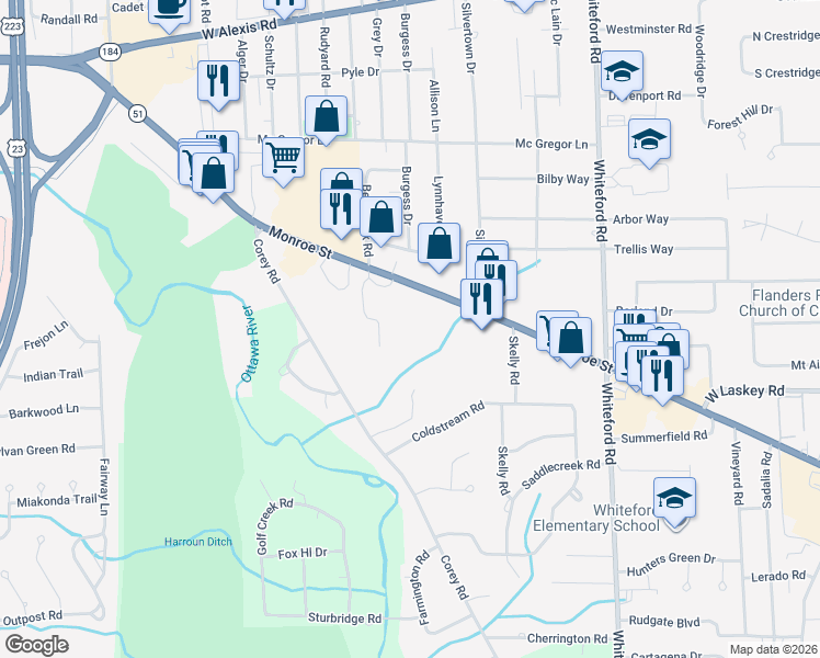 map of restaurants, bars, coffee shops, grocery stores, and more near 5635 Monroe Street in Sylvania