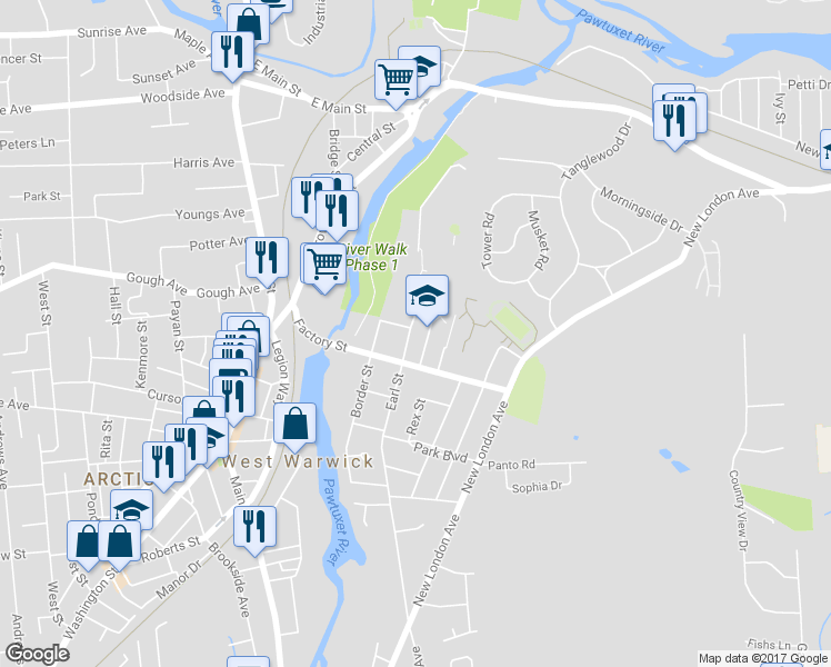 map of restaurants, bars, coffee shops, grocery stores, and more near 117 Earl Street in West Warwick