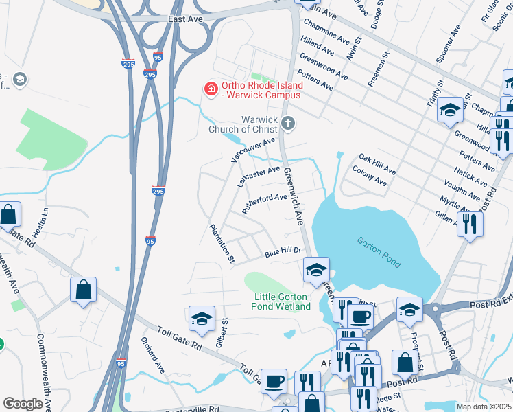 map of restaurants, bars, coffee shops, grocery stores, and more near 64 Rutherford Avenue in Warwick
