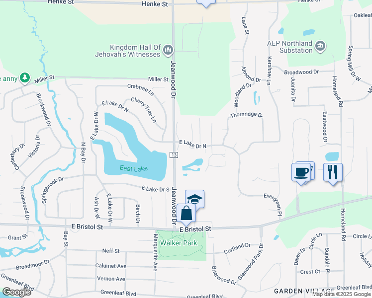 map of restaurants, bars, coffee shops, grocery stores, and more near 3441 Pecan Place in Elkhart