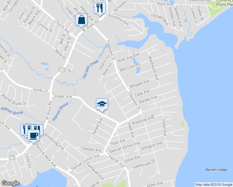 map of restaurants, bars, coffee shops, grocery stores, and more near 41 Clara Avenue in Warwick