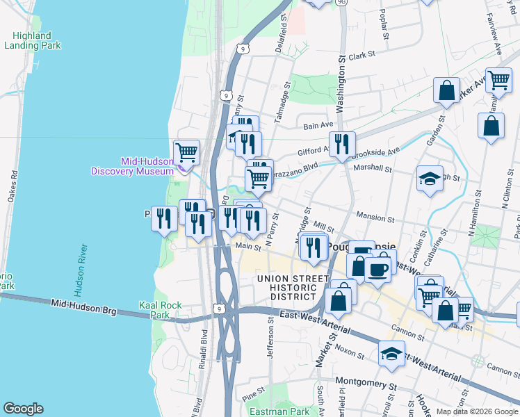 map of restaurants, bars, coffee shops, grocery stores, and more near 40 North Clover Street in Poughkeepsie