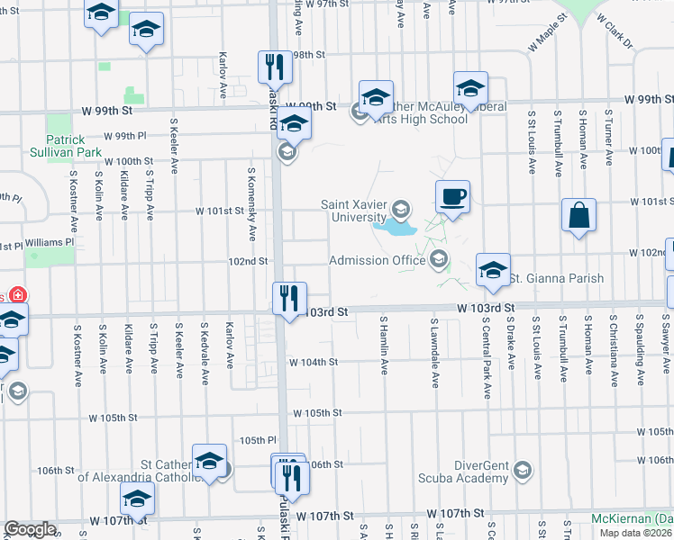 map of restaurants, bars, coffee shops, grocery stores, and more near 10205 South Springfield Avenue in Chicago