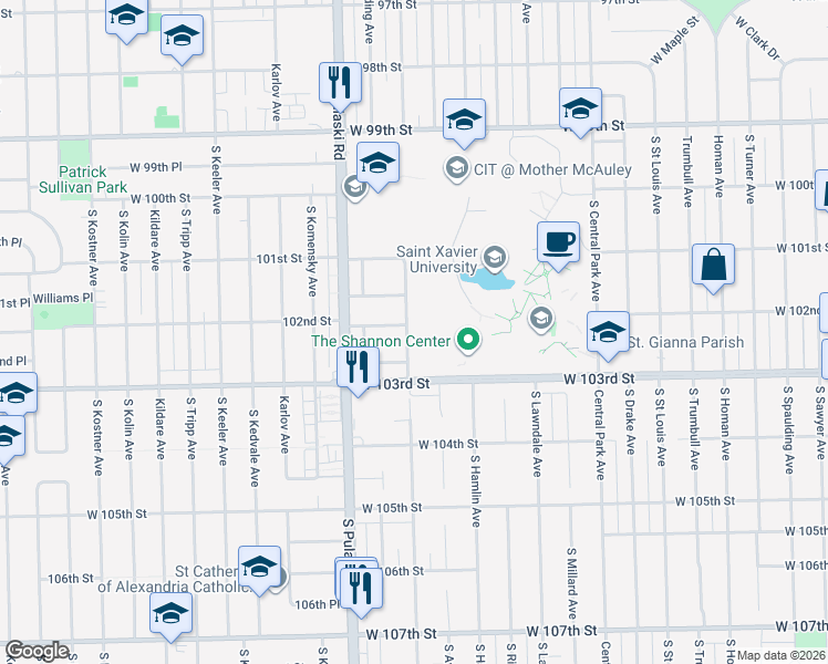 map of restaurants, bars, coffee shops, grocery stores, and more near 10205 South Springfield Avenue in Chicago