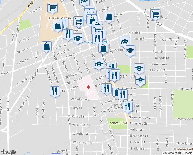 map of restaurants, bars, coffee shops, grocery stores, and more near 213 Ann Street in Michigan City