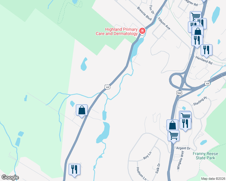 map of restaurants, bars, coffee shops, grocery stores, and more near 210 Vineyard Avenue in Highland