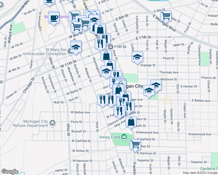 map of restaurants, bars, coffee shops, grocery stores, and more near 120 Ann Street in Michigan City