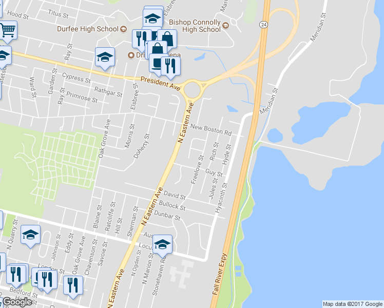 map of restaurants, bars, coffee shops, grocery stores, and more near 135 Celia Street in Fall River