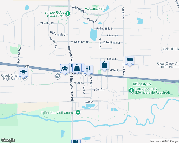 map of restaurants, bars, coffee shops, grocery stores, and more near in Tiffin