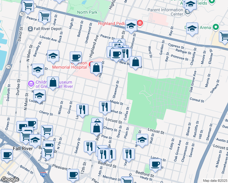 map of restaurants, bars, coffee shops, grocery stores, and more near 85 Shawmut Street in Fall River