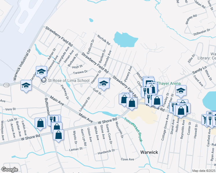 map of restaurants, bars, coffee shops, grocery stores, and more near 30 Almy Street in Warwick